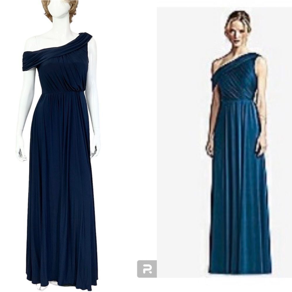 NEW JY JENNY YOO JY502 Midnight Blue One Shoulder Maxi Gown Bridesmaid Dress 2